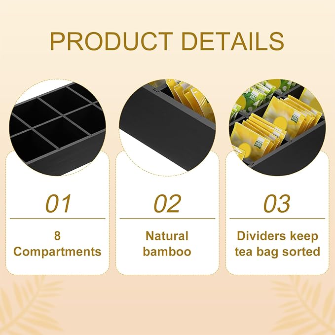 uxcell Tea Bag Organizer, 8 Compartments Pine Wood Tea Box with Handle, Tea Storage Organizer Holder for Tea Bags, Beverage Supplies Sugar Packet, Black