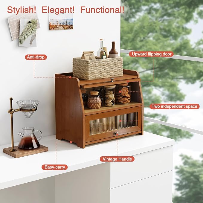 Goozii Wooden Bread Box for Kitchen Countertop, Dark Wood Bread Storage Container for Homemade Bread, 2 Tier Roll Top Breadbox Holder Keeper for Sourdough Loaf Storage (Walnut Brown)