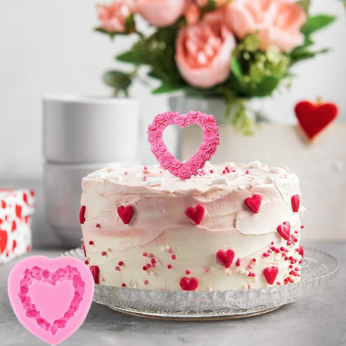 4 Pcs 3D Rose Flower Silicone Molds Mother's Day Fondant Mold Wedding Fondant Cake Molds Heart Candy Silicone Molds Chocolate Mould for Cake Topper Polymer Clay Soap Wax Making Party Supplies