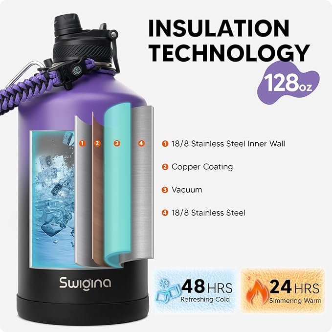 Swigina [2-IN-1 LID] Gallon Insulated Water Bottle with Silicone Boot (48hrs Cold/24hrs Hot) - DIY Stickers, Leakproof, BPA Free, 128 oz