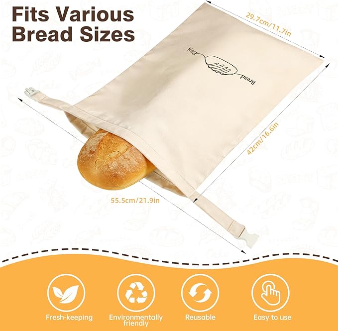 2 Pack XL Reusable Beeswax Bread Bags for Sourdough Baking, Organic Waxed Lined, Cotton Bread Bags for Homemade Bread, Food-Storage Bag to Keep Fresh
