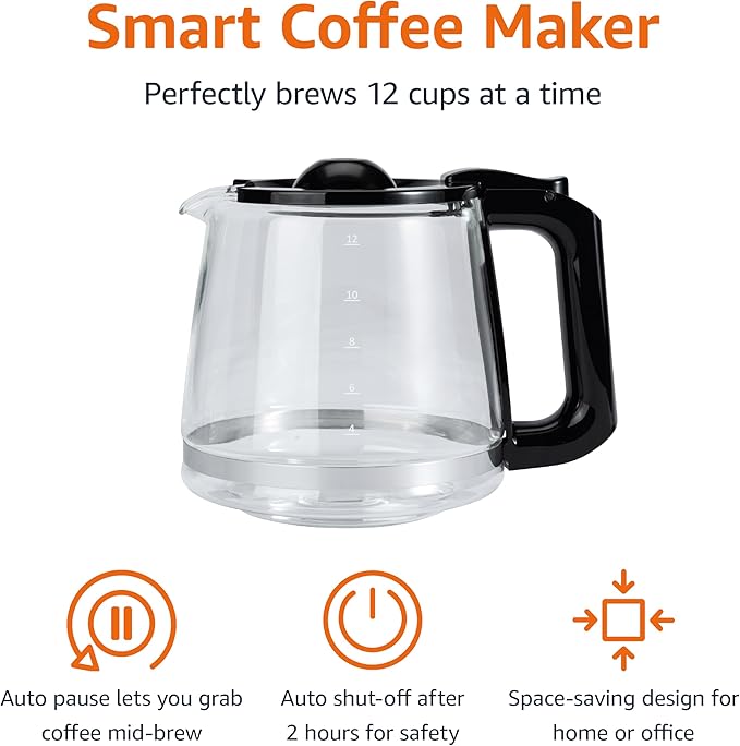 Amazon Basics Programmable 12 Cup Drip Coffee Maker with Glass Coffee Pot (1.9 Qt), Auto Shut-off, Touch Screen, Auto Pause, Removable Filter Basket, Black & Silver