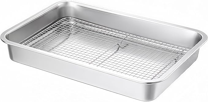Stainless Steel Sturdy Roasting Pan with Cooling Rack – Oven, Toaster & Grill Safe, Deep Edge, Smooth Finish, Dishwasher Safe – Perfect for Turkey, Chicken, BBQ (17.5x13.6x2.8in)