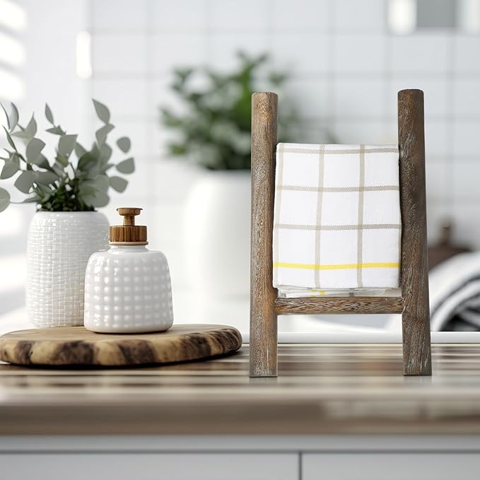 Cinnvoice 2 Pcs Wooden Tea Towel Ladder Rustic Hand Towel Stand Rack Mini Countertop Towel Stand Farmhouse Wood Counter Towel Holder for Bathroom Country Kitchen Office(Wood Color)