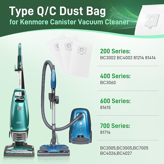 12 Pack Type Q/C 53292 Canister Vacuum Bags Replacement Dust Bags for Kenmore 200 400 600 700 800 Series,5055, 50557, 50558, 53291, 21814, 81214,BC3005, BC7005 Series Bagged Vacuums Cleaner