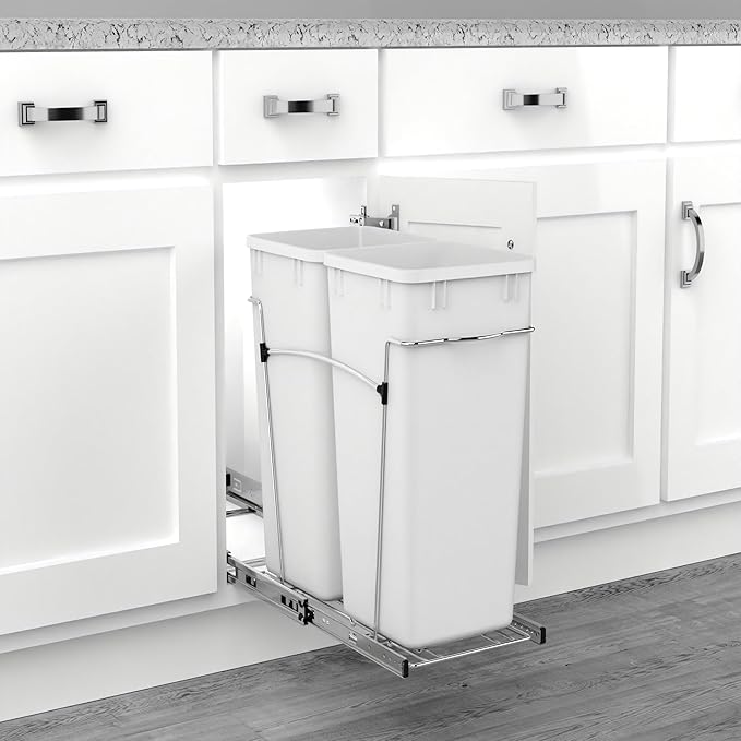 Rev-A-Shelf Pullout Trash Can for Under Kitchen Cabinets 27 Qt Garbage Waste Recycling Bin with Full Extension Slides, White, RV-15KD-11C S