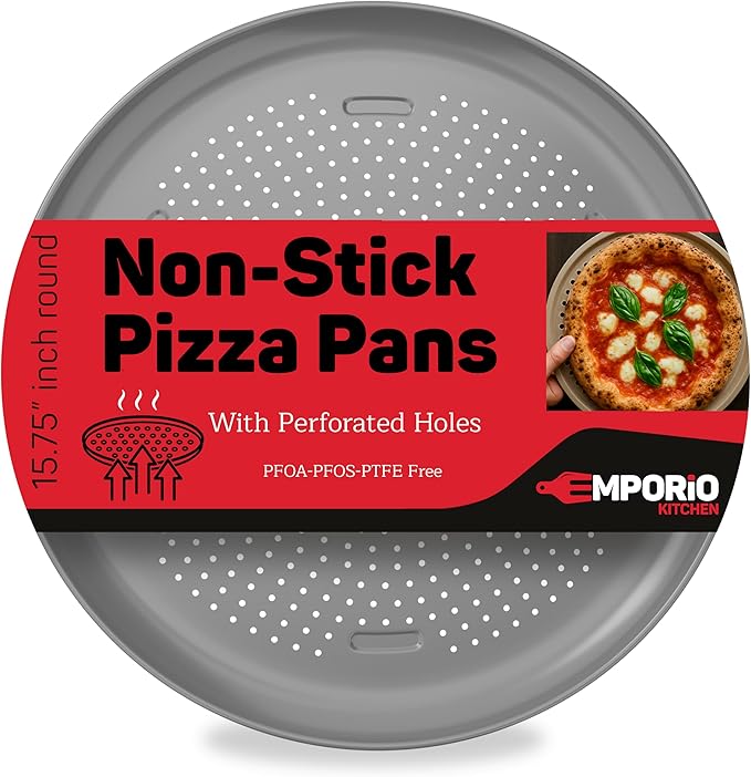 Emporio Kitchen Non-Stick Pizza Pan 1 Pack – 16 Inch Round Carbon Steel Pizza Tray with Perforated Holes, PFOAPFOSPTFE-Free, Dishwasher & Oven Safe Up To 450°F, Durable Nonstick Silver Coating