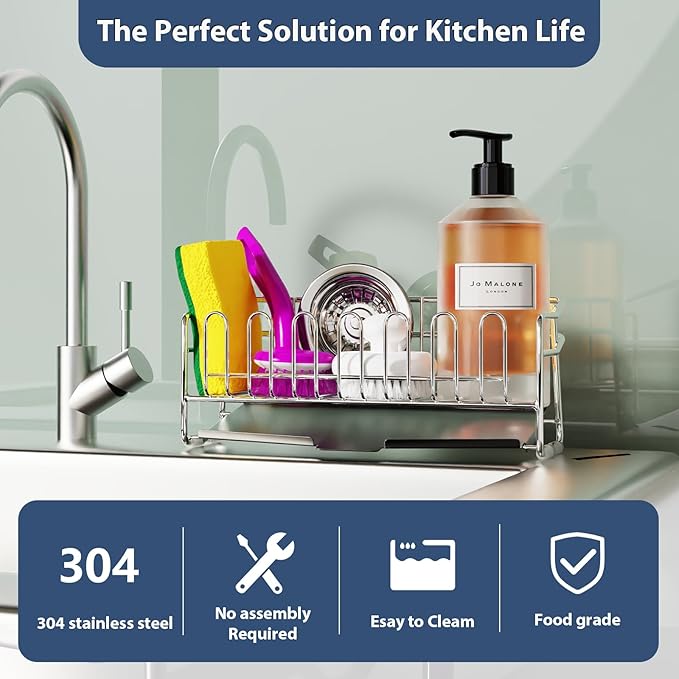 KABUM 304 Stainless Steel Sponge Holder for Kitchen Sink, Compact Sink Caddy with 4 Non-Slip Silicone Pads, Easy to Clean Rustproof 304 Steel, Kitchen Essentials, No-Tools Design (8.27x2.95x3.43)