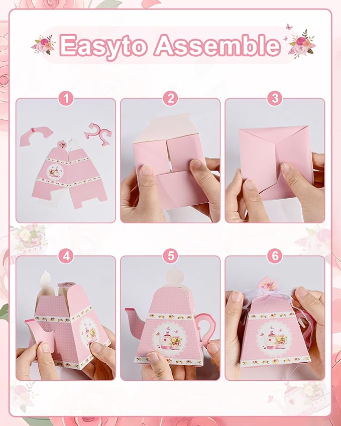 Liobelon 24 Pieces Floral Tea Party Favors Boxes Centerpiece Table Decoration Teapot Favor Boxes Tea Party Treat Gift Boxes Goodie Treat Bags Candy Boxes for Wedding Baby Shower Tea Party Decorations