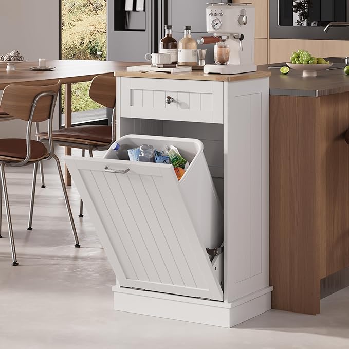 KIGOTY Tilt Out Trash Cabinet,Wooden Kitchen Trash Bin Holder Garbage Bin Recycling Cabinet Laundry Hamper with Solid Wood Countertop and Hideaway Drawer (White)