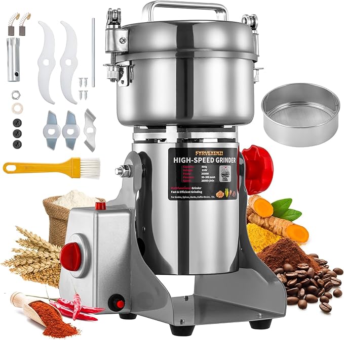 Electric Grain Grinder – High-Speed 800g Stainless Steel Food Mill & Pulverizer for Nuts, Rice, Grains, Herbs & Spices – Flour, Wheat Berry & Nut Crusher for Home & Commercial Kitchens (800g)