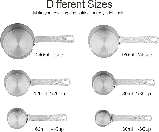 Measuring Cups Set, 18/8 Stainless Steel Measuring Cups Set for Kitchen & Baking, Dry & Liquid 6 Measuring Cups with 1 Rings, Nesting Metric & US Measuring Cup Set