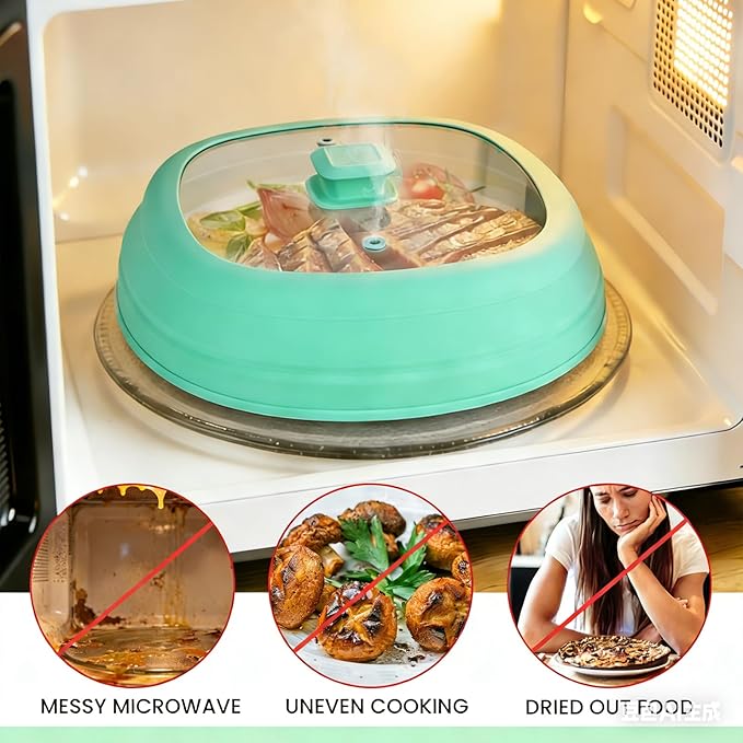 Microwave Splatter Glass Cover with Silicone Mat,Food Safe Collapsible Silicone Microwave Cover for Food with Vent Hole and Easy Grip Silicone Handle Knob,BPA Free,Dishwasher Safe (Green)