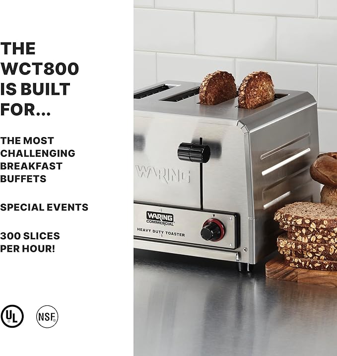Waring Commercial WCT800 4-Slice Heavy Duty Commercial Pop-Up Toaster, 120V, 2200W5-20 Phase Plug