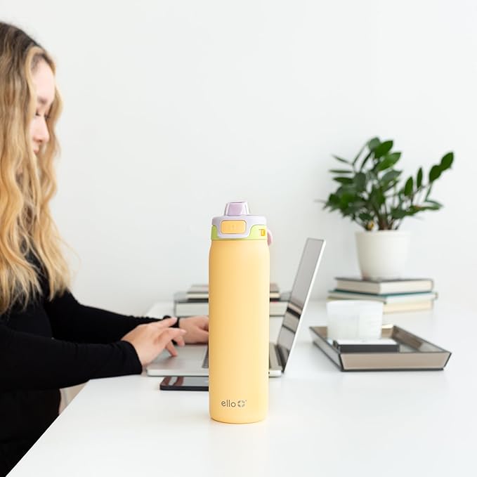 Ello Pop & Fill 32oz Stainless Steel Water Bottle with Quick Fill Technology, Double Walled and Vacuum Insulated Metal, Leak Proof Locking Lid, Sip and Chug, Reusable, BPA Free, Sunset Meadow