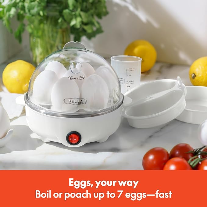 BELLA Rapid Electric Egg Cooker and Omelet Maker with Auto Shut Off, for Easy to Peel, Poached Eggs, Scrambled Eggs, Soft, Medium and Hard Boiled Eggs, 7 Egg Capacity Tray, Single Tier, White
