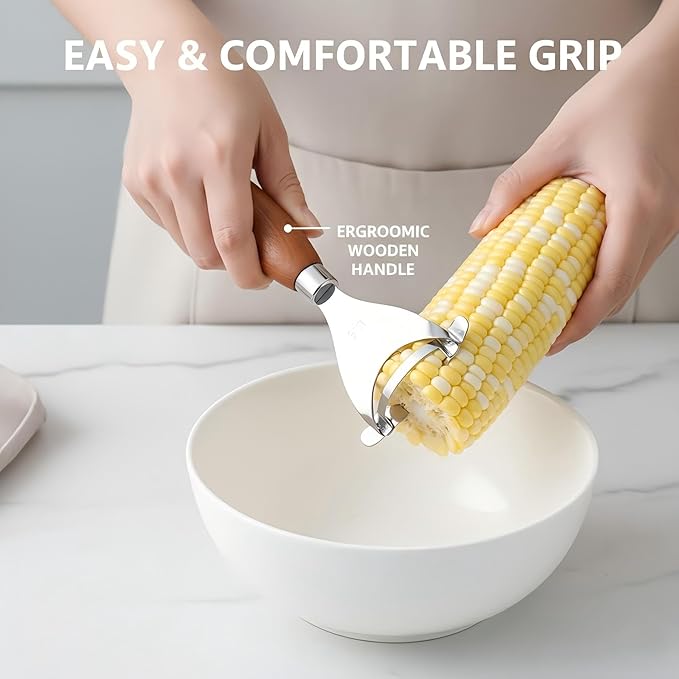 Stainless Steel Corn Kernel Remover – 1-Second Cob Peeler with Hardwood Handle, Dishwasher-Safe Stripper Tool for Salad/Salsa/Popcorn, Farmhouse Kitchen Gift for Mom