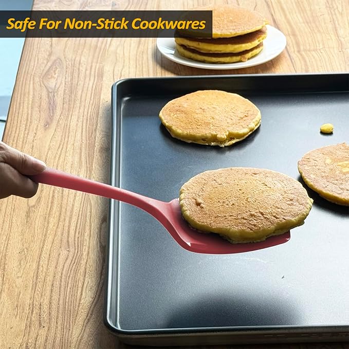 Silicone Pancake Spatula Turner with Lengthened Handle& Seamless Design, Heat Resistant Cooking Spatulas for Nonstick Cookware, Large Flexible Kitchen Utensils, Flipper for Egg, Pancake, Burger, Red