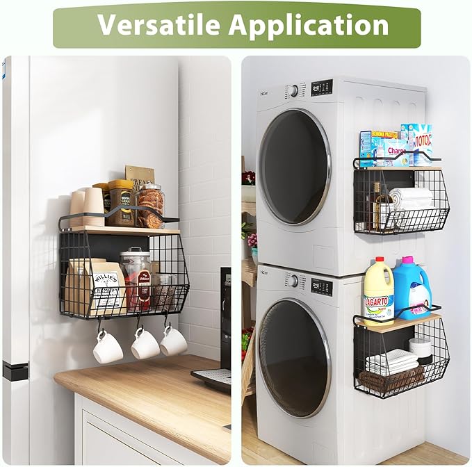 Wawocs Magnetic Shelf for Fridge with Wood Lid, 2 Tier Fruit Baskets Wall Mounted Hanging Basket with 4 Hanger Hooks, Potato and Onion Magnetic Storage Bins for Kitchen Counter, Refrigerator, Cabinet