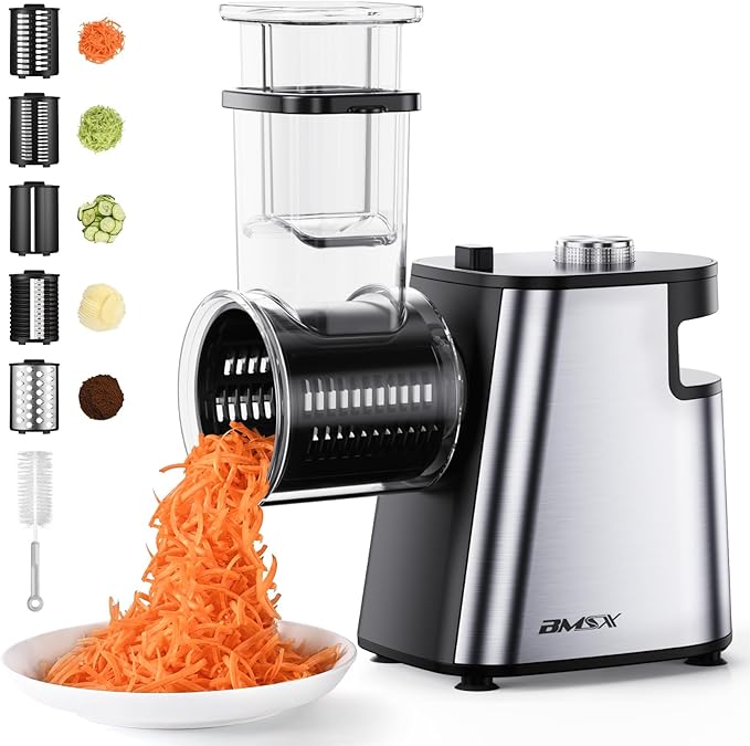Electric Cheese Grater Upgraded, 250W Electric Slicer Shredder, Automatic Cheese Shredder, Electric Salad Machine for Fruits, Vegetables, Cheeses，Salad Maker With 5 Different Shapes of Blades