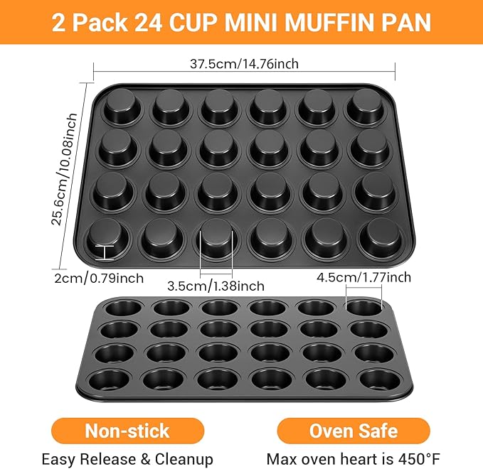 2 Pack Mini Muffin Pan Nonstick 24 Cup, Mini Cupcake Pans for Baking 24 Cups, Carbon Steel