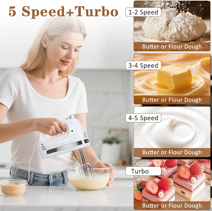 450W Electric Hand Mixer, 5-Speed Handheld Mixer with Storage Case, Turbo & Eject Button, Includes 2 Beaters & 2 Dough Hooks for Baking, Cake, Egg, Cream (White)