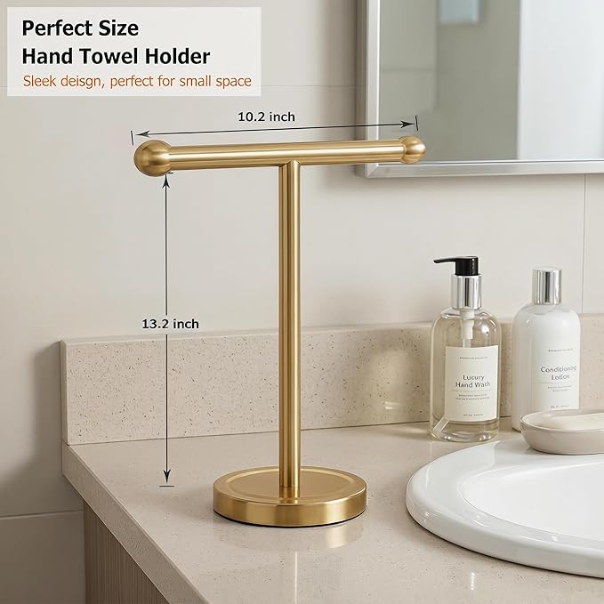 Gold Hand Towel Holder Stand with Heavy Stainless Steel Base, T-Shape Towel Rack, Free-Standing Towel Holder Countertop for Bathroom (Brushed Gold)
