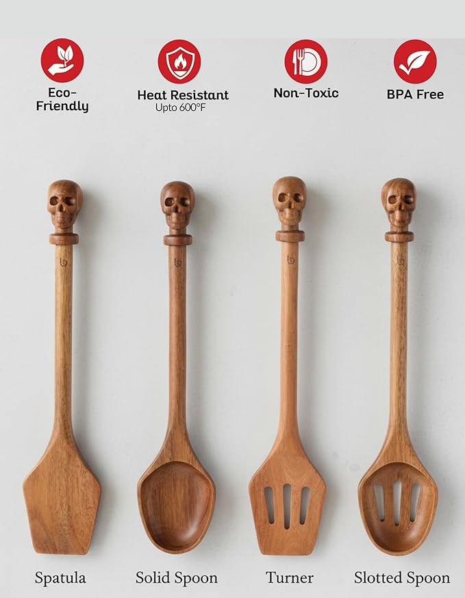 Acacia Wood Cooking Utensil Set with Skull Handles – 4-Piece FSC Certified Acacia Wood Kitchen Tools, Eco-Friendly Nonstick Safe Cooking Utensils (Spatula, Spoon, Slotted Turner, Slotted Spoon)