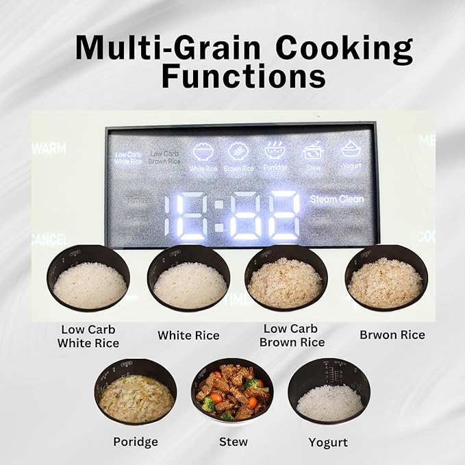 BANU Low Carb Rice Cooker - 4 Cups(white rice), 2 cups(Low carb rice) 7 Preset Functions, 20-Hr Timer, Led Touch, Auto Keep Warm - Healthy Cooking for Keto and Low Glycemic Diets - White / 8-Cup (Cooked) (4-Cup UNCOOKED) Digital Rice Cooker and Food St...