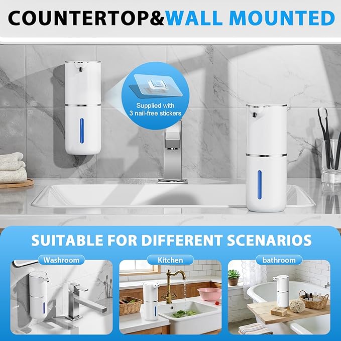 Fantictas Automatic Soap Dispenser,Touchless Automatic Foam Soap Dispenser 380ML, USB Charging 4 Adjustable Levels Wall Mount for Kitchen & Bathroom, White
