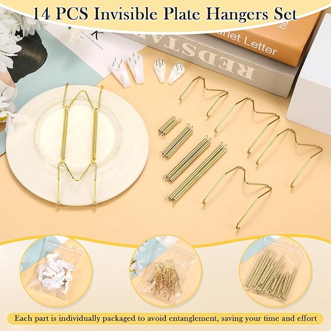 14 Pack Plate Hangers for Wall Display, 6/8/10/12 Inch Invisible Stainless Steel Plate Holders with Wall Hooks, Fit 5.5–12.5 Inch Decorative Plates, Plate Display Hangers for Home Wall Decor, Gold