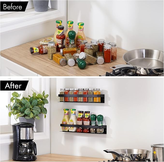 KES Spice Rack Organizer Kitchen Spice Rack Seasoning Organizer 16 Inch Aluminum Spice Holder Wall Mount Anodized Black 2 Pack, KSR401S40-BK-P2