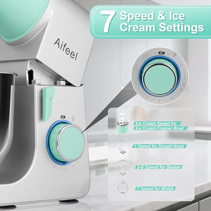 Aifeel Stand Mixer, 6.5QT Mixer with Ice Cream Maker Attachments, Kitchen Electric Mixer Multifunctional Bread Dough Mixer with Dough Hook,Whisk & Beater, Food Mixer for Baking (Green-Silver)