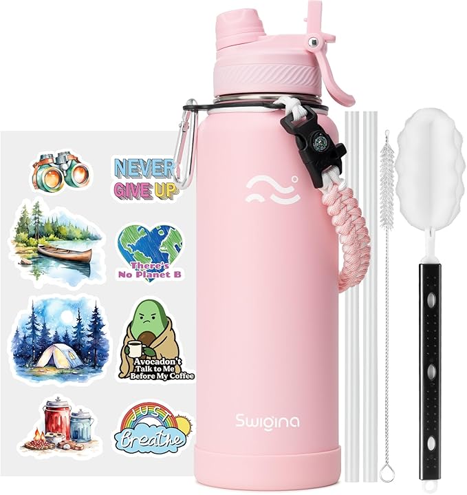 Swigina [2-IN-1 LID] Insulated Water Bottle with Silicone Boot (36hrs Cold/18hrs Hot) - DIY Stickers, Leakproof, BPA Free, 40 oz