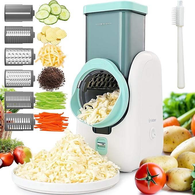 Electric Cheese Grater Salad Maker with 6 Repalce Stainless Steel Blades, Rotary Slicer One-Touch Kitchen Slicer Cheese Shredder for Vegetables, Fruits, Cheeses, Nuts Home Kitchen Use(White)