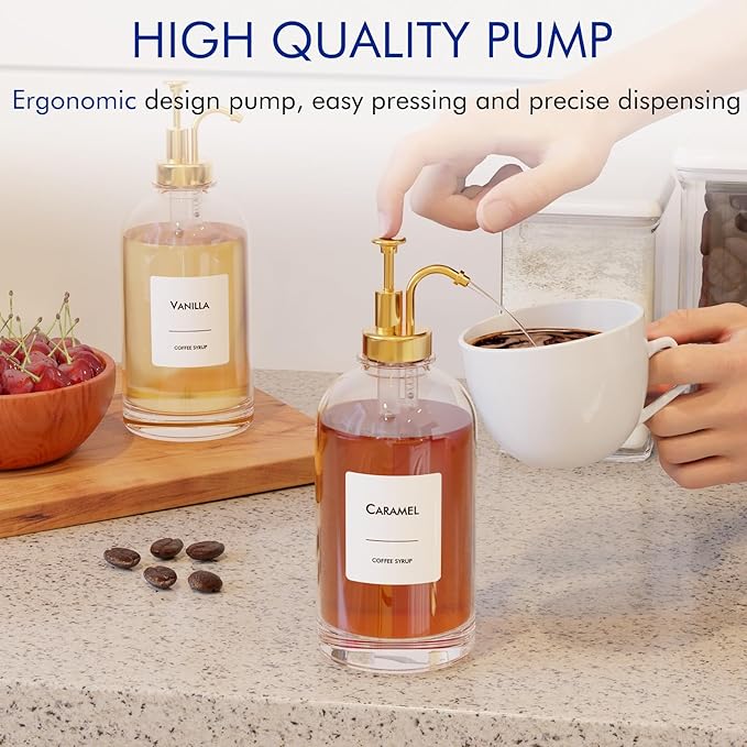16.9 oz (500 ml) Coffee Syrup Dispenser Set- 4 Glass Bottles with Gold Pumper and Syrup Labels - Precise Dispensing and Stylish Addition to Coffee Shop, Cafe or Home Bar