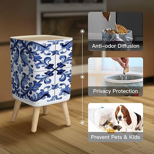 Small Trash Can with Lid Sicilian ceramic style tile featuring blue decorative flourishes Wastebasket with Press Cover Dog Proof Garbage Can Waste Bin for Kitchen Bathroom Nursery 2.6 Gallon