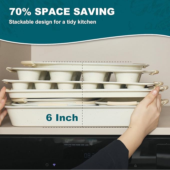 10-Piece Nonstick Baking Pans Set, Stackable Non-Toxic Bakeware Sets with Silicone Handle, Oven Pan Set for Cooking, Includes Easy Release Cookie Sheet, Roasting Pan, Muffin Tin (Cream)