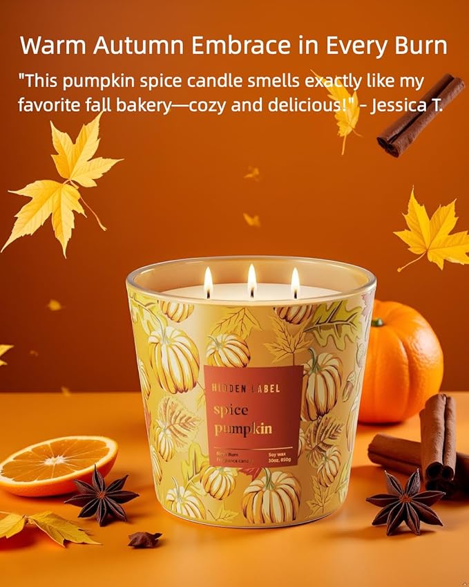 Hidden Label Pumpkin Spice Fall Candles, 3 Wick Large Scented Candle for Home, 30oz Natural Soy Candles for Home Scented,100 Hour Burn Time, Long Lasting Highly Scented Luxury Candle Gift