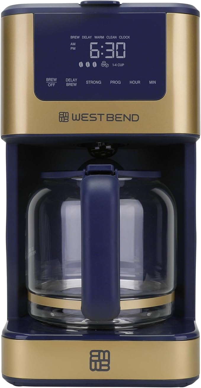West Bend Timeless 12-Cup Programmable Coffee Maker with Brew Strength Selector for Hot and Iced Coffee, Includes 1-4 Cup Brew Option and Permanent Filter