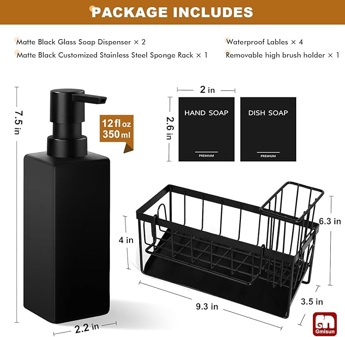 GMISUN Dish Soap Dispenser, 12 fl oz / 350 ml Dual Kitchen Soap Dispensers with Sponge Holder, Customized Matte Black Kitchen Soap Dispenser Set, Modern Hand and Dish Soap Bottle Set Removable