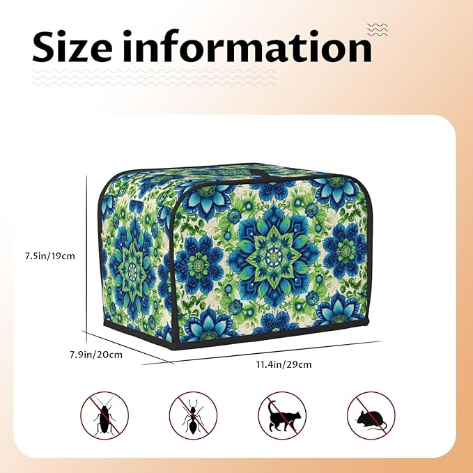Green Blue Batik Toaster Cover 2 Slice, Cute Rural Bread Machine Cover, Washable Dust-Proof Cover for Kitchen Small Appliance Cover,with Top Handle