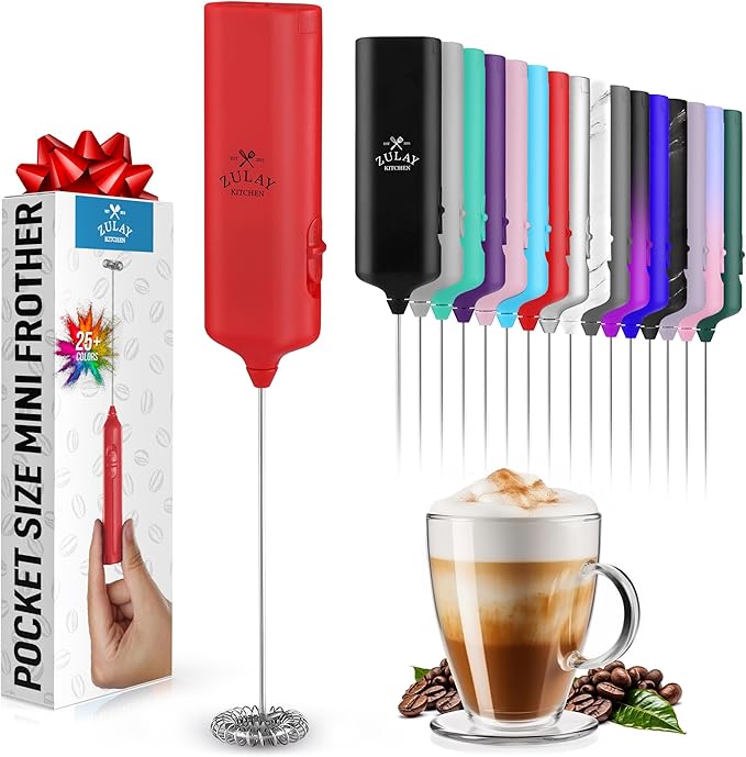Mini & Mighty Milk Frother Wand – Powerful Handheld Coffee Frother, Battery Operated Drink Mixer – Compact Pocket Size – Detachable Whisk for Latte, Cappuccino, Matcha, Hot Chocolate – Red