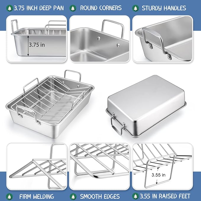 16" Roasting Pan with Rack, 7 PCS P&P CHEF Stainless Steel Turkey Roaster Lasagna Pan with Cooling Flat & V-shaped Baking Rack, Grilling Chicken Holder, Meat Shredding Claws, Dishwasher & Oven Safe