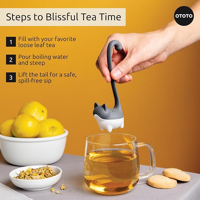 OTOTO Louie Cat Tea Infuser - Cats Loose Leaf Steeper & Diffuser, Tea Strainer Accessories, Cute Gifts for Cat Lovers, White Elephant Gifts, Cute Kitchen Accessories