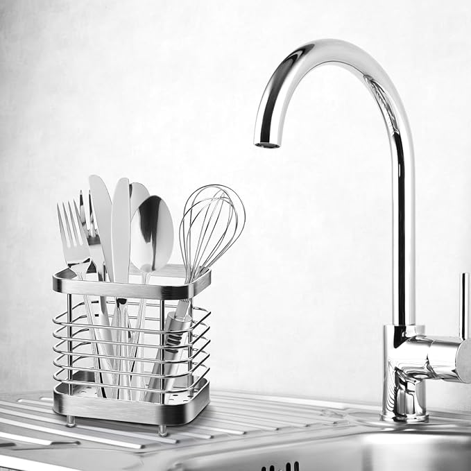 Utensil Holder, Stainless Steel Utensil Drying Rack for Kitchen Counter, Silverware Cutlery Flatware Holder Forks, Knives, Spoons, Chopsticks Organizer (Silver)