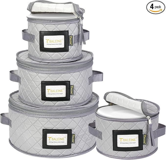 BALEINE China Storage Containers, Sturdy Quilted Wine Glass Storage, Plate Organizer with Carry Handles, Moving Boxes for Dishes, Cups, Mugs and Stemware (Plate Set, Soft Shell Grey)