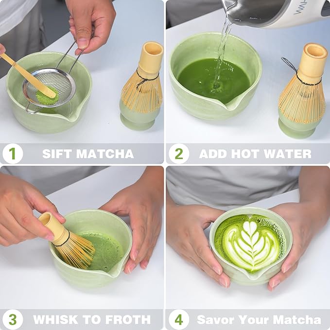Matcha Whisk Set, Premium Ceramic Bowl with Spout, Bamboo Whisk, Chasen Holder, Sifter, Scoop, Complete Tea Making Kit for Matcha Lovers, Beginner Starter Set for Lump-Free Matcha Green Tea Gift