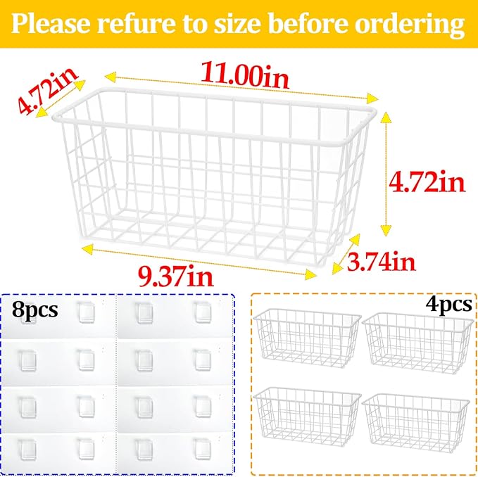 LeleCAT Hanging Kitchen Baskets For Storage Adhesive Sturdy Small Wire Storage Baskets No Drilling Wall Mounted Kitchen Food Pantry Bathroom Shelf Storage, 4 PACK,White