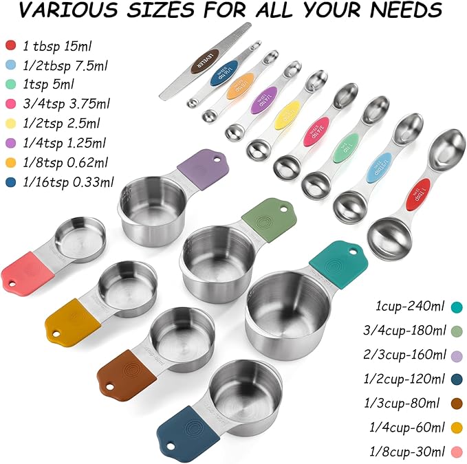 Magnetic Measuring Cups and Spoons Set of 16 Stainless Stee Stackable Nesting 7pcs Measuring Cups 9pcs Measuring Spoons for Dry and Liquid Ingredients